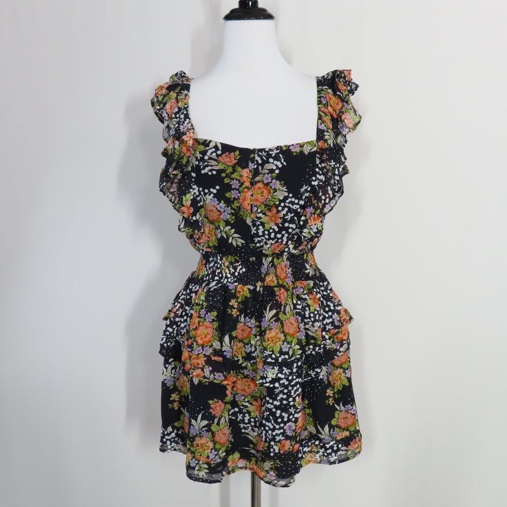 Yumi Kim Midnight Magic Black Floral Tiered Mini Eden Dress Flutter Sleeves XS